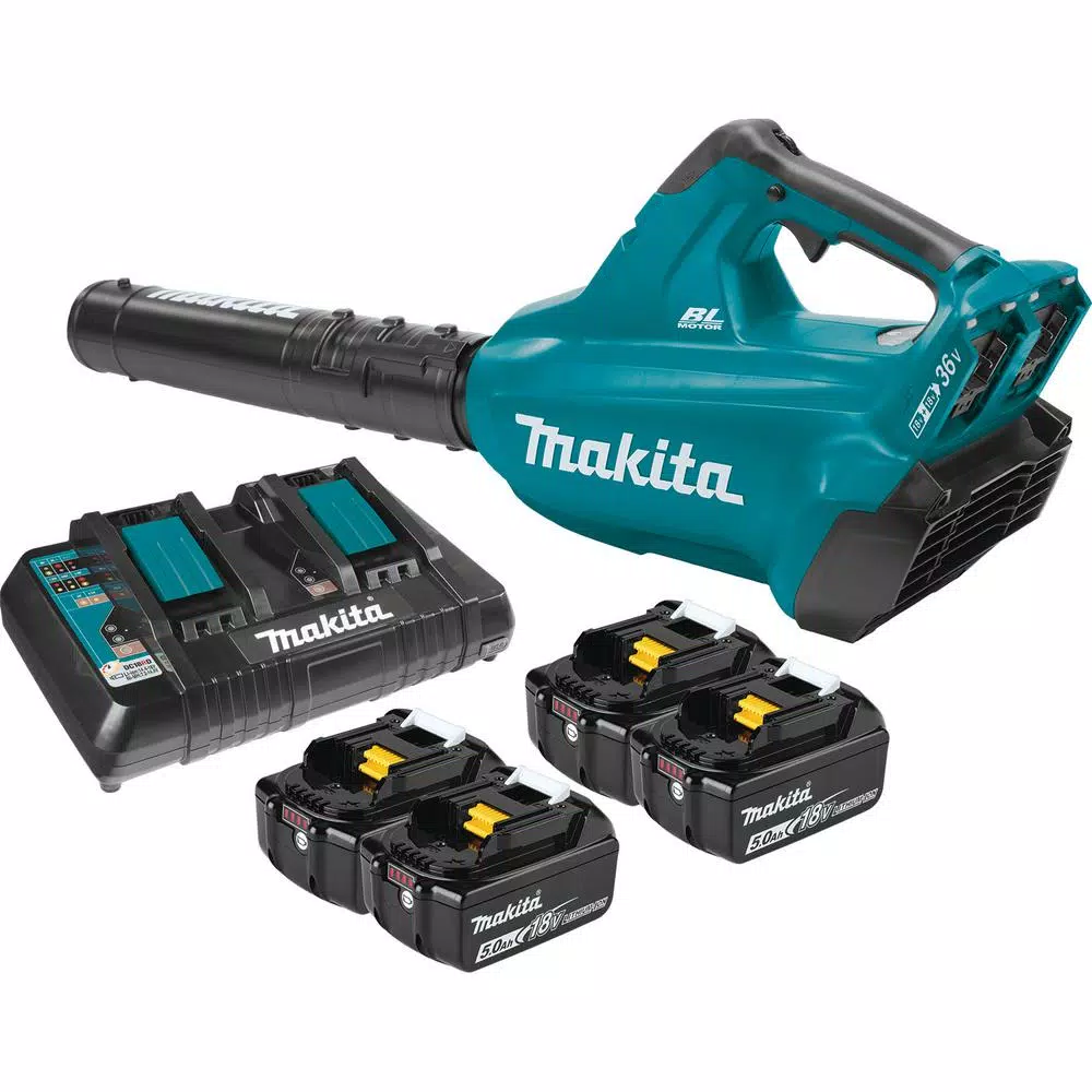 Leaf Blowers Makita 18-Volt X2 (36V) LXT 473 CFM 120 MPH Brushless Cordless Blower Kit With 4 Batteries (5.0Ah) With Flat End Nozzle, XBU02Z