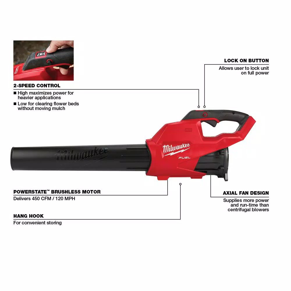 Leaf Blowers Milwaukee M18 FUEL 18-Volt Lithium-Ion Brushless Cordless 120 MPH 450 CFM Handheld Blower (Tool-Only)(3-Tool) - Image 2