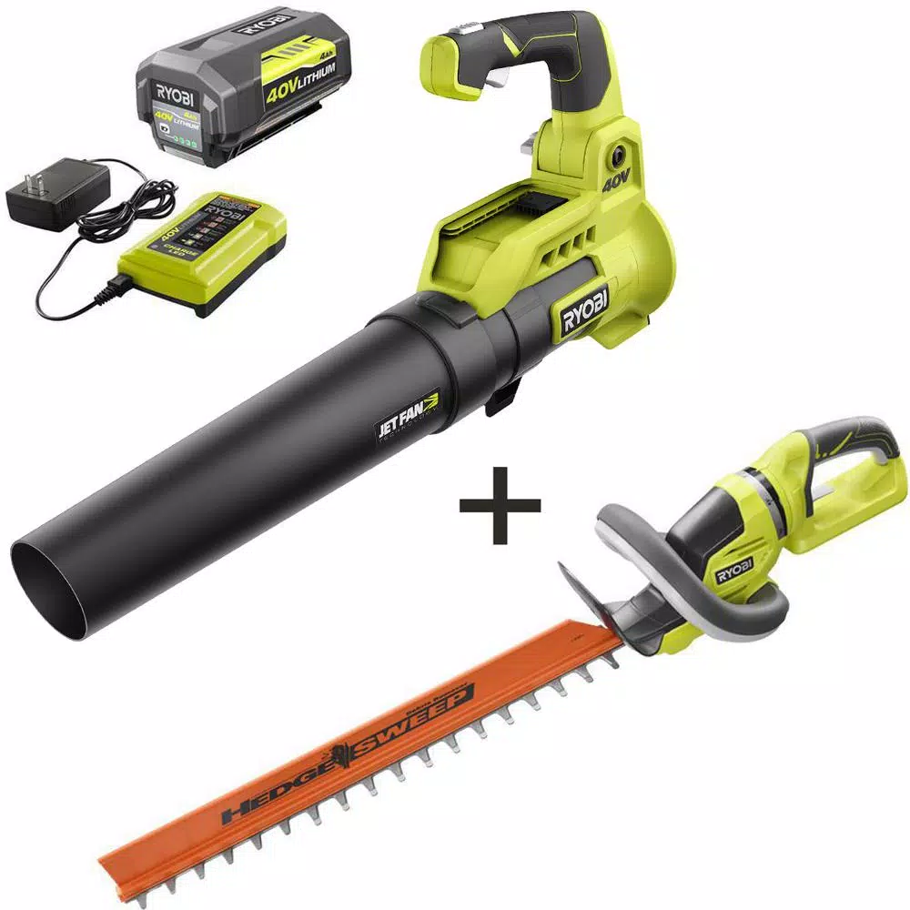 Leaf Blowers RYOBI 110 MPH 525 CFM 40-Volt Li-Ion Cordless Jet Fan Leaf Blower And 24 In Hedge Trimmer 4.0 Ah Battery And Charger Included 1 Leaf Blowers RYOBI 110 MPH 525 CFM 40-Volt Li-Ion Cordless Jet Fan Leaf Blower And 24 In Hedge Trimmer 4.0 Ah Battery And Charger Included