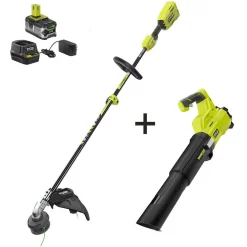 Trimmers RYOBI ONE+ 18-Volt Cordless Attachment Capable Brushless String Trimmer And Leaf Blower, 4.0 Ah Battery And Charger Included