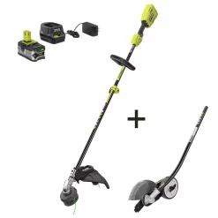 Trimmers RYOBI ONE+ 18-Volt Cordless Attachment Capable Brushless String Trimmer With Edger Attachment 4.0 Ah Battery, Charger Included