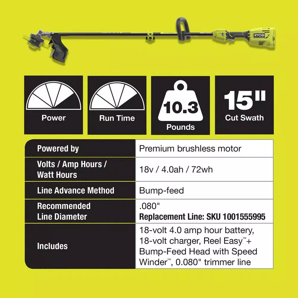 Trimmers RYOBI ONE+ 18-Volt Cordless Attachment Capable Brushless String Trimmer With Edger Attachment 4.0 Ah Battery, Charger Included - Image 8