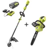 Trimmers RYOBI 40-Volt Lithium-Ion Cordless Attachment Capable String Trimmer And Brushless Chainsaw W/4.0Ah Battery & Charger Included