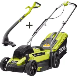 Lawn Mowers RYOBI 13 In. ONE+ 18-Volt Lithium-Ion Battery Walk Behind Push Lawn Mower & String Trimmer – 4.0 Ah Battery/Charger Included