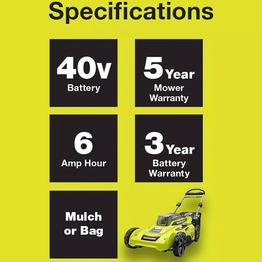Lawn Mowers RYOBI 20 In. 40-Volt Brushless Lithium-Ion Cordless Battery Walk Behind Push Lawn Mower 6.0 Ah Battery/Charger Included - Image 3