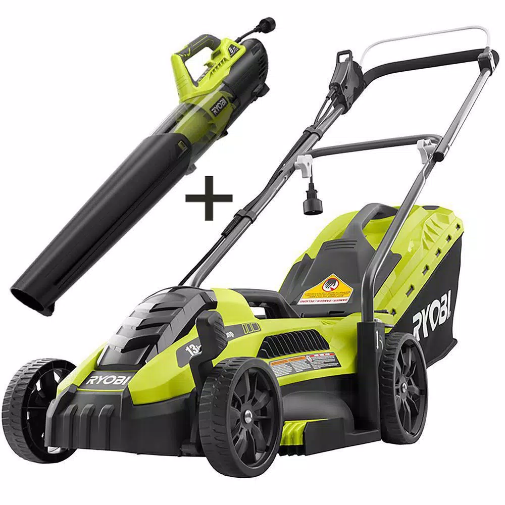 Lawn Mowers RYOBI 13 In. 11 Amp Corded Electric Walk Behind Push Mower And 8 Amp Electric Jet Fan Blower