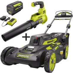 Lawn Mowers RYOBI 20 In. 40-Volt Brushless Lithium-Ion Cordless Self-Propelled Walk Behind Lawn Mower & Blower W/ 6.0 Ah Battery & Charger